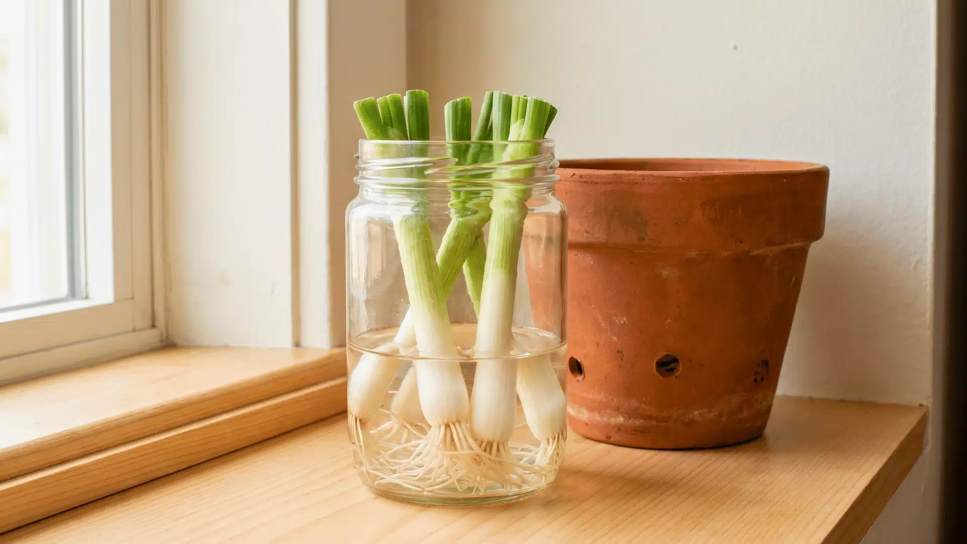 Green onions growing in a glass jar of water with visible roots on a windowsill.