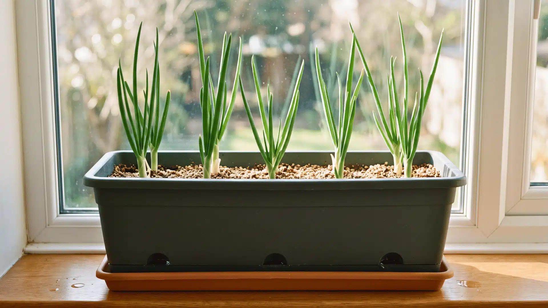 Green onions growing in a rectangular planter placed on a sunny windowsill indoors.