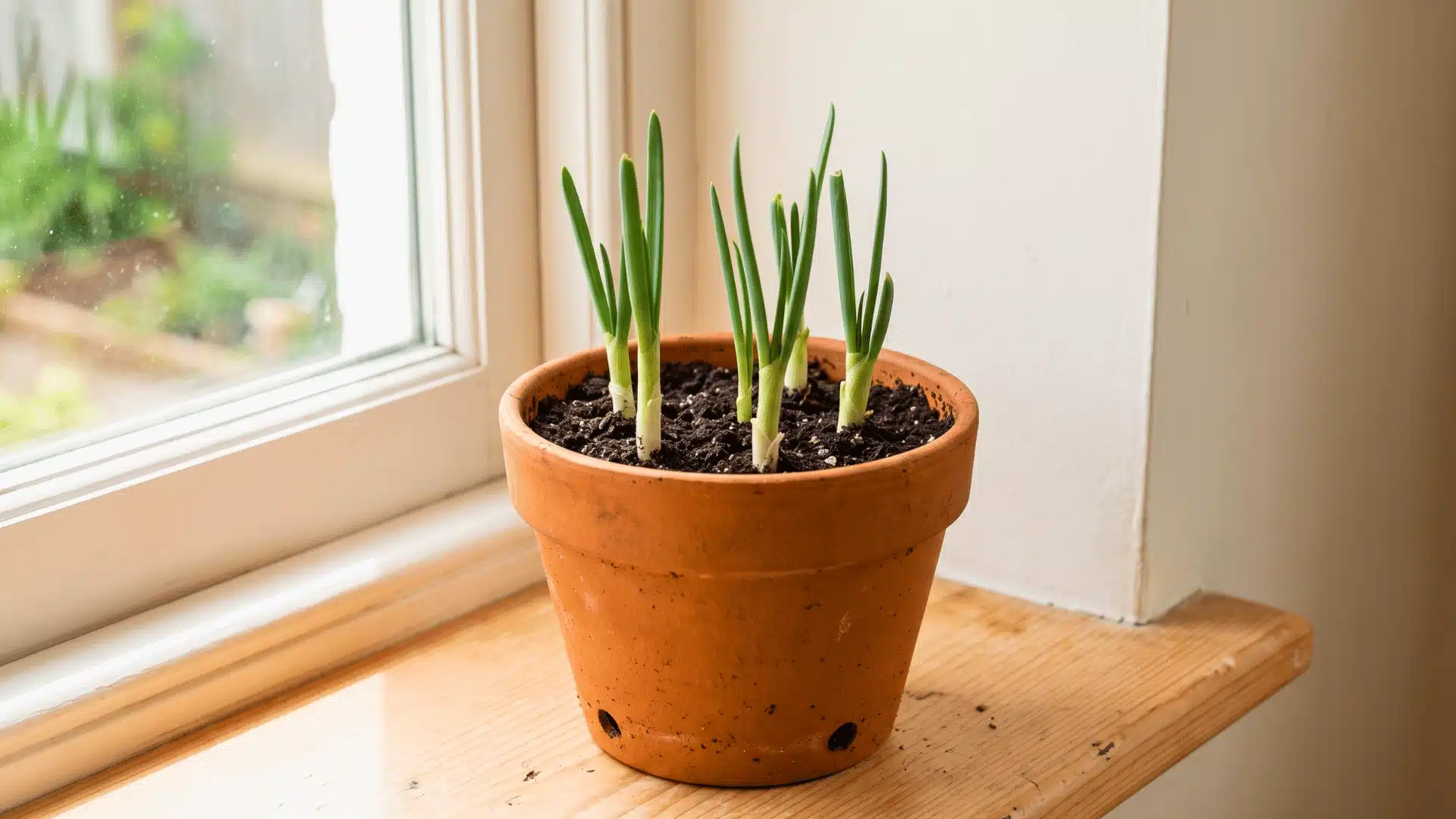 Green onions growing in a terracotta pot with fresh soil near a bright window.