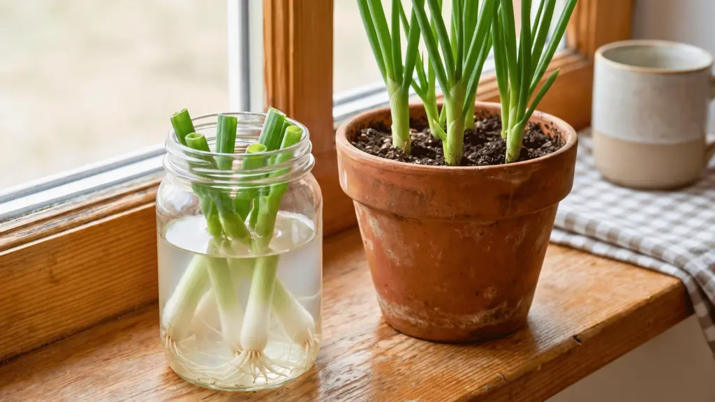 How to Grow Green Onions: Regrow Fresh Ones at Home Green onions growing in water and soil pots side by side near a sunny window.