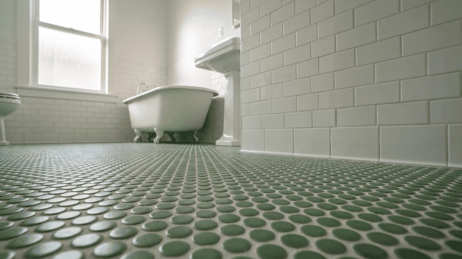 Green penny tile floor with white subway tile walls