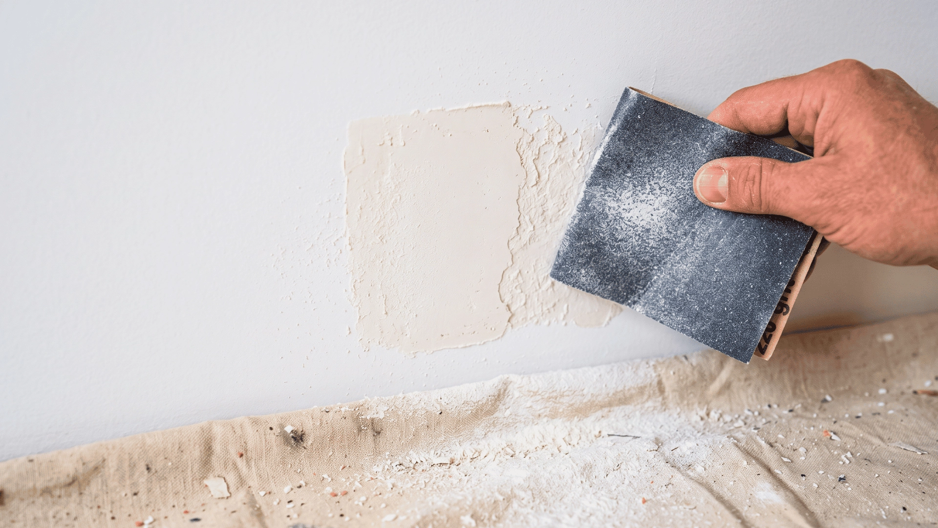 Hand sanding a patched wall surface with dust and paint residue along the baseboard.