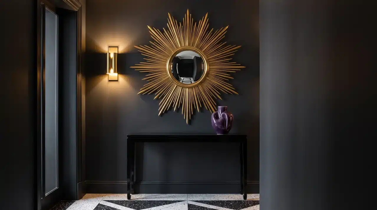 Large Art Deco brass sunburst mirror above a black lacquered console table with amethyst vase and terrazzo floor