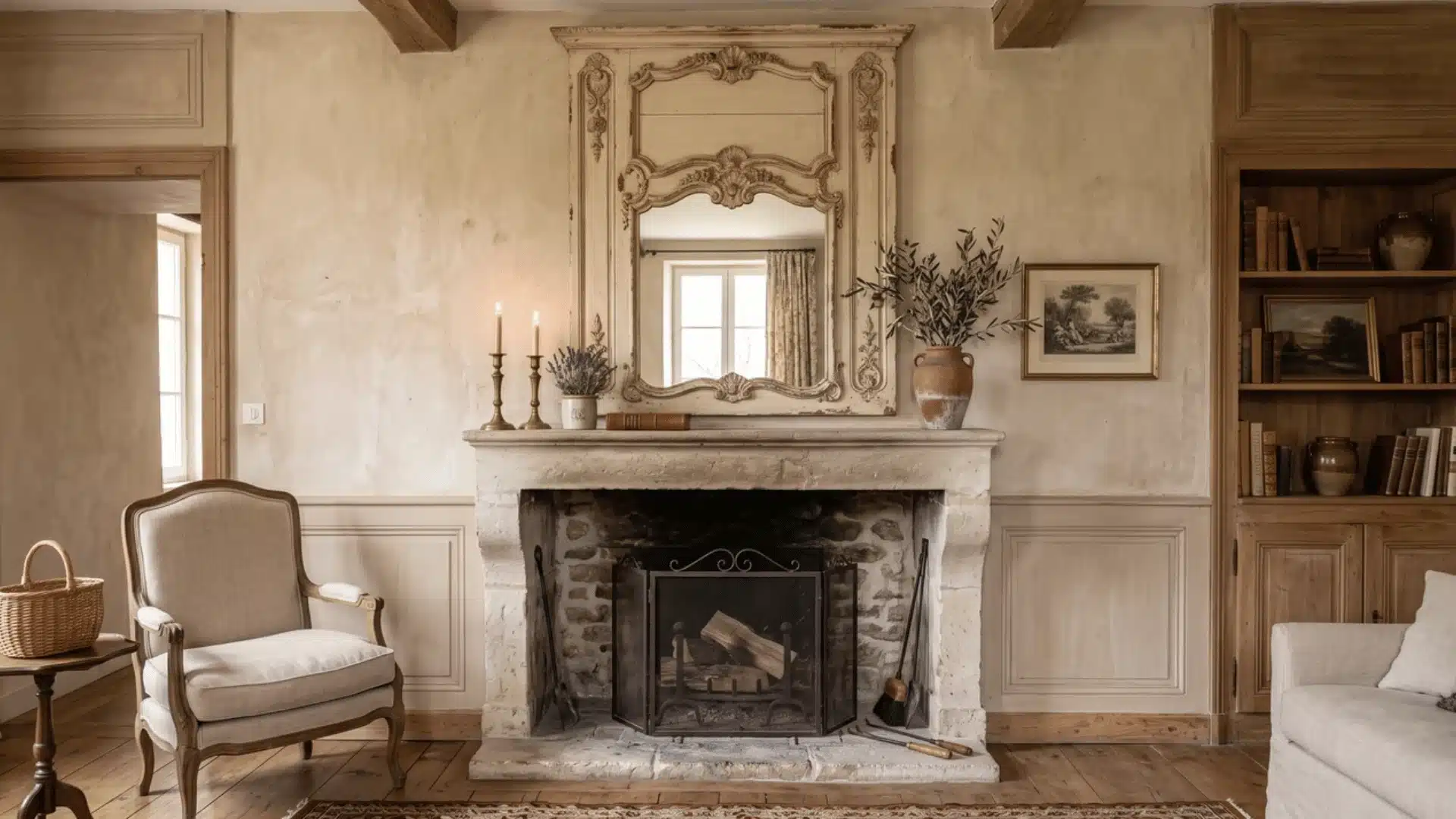 Trumeau mirror above a fireplace in a French country living room