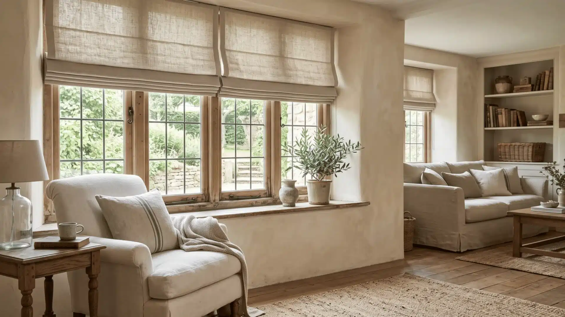 Linen roman blinds covering windows in a French country living room