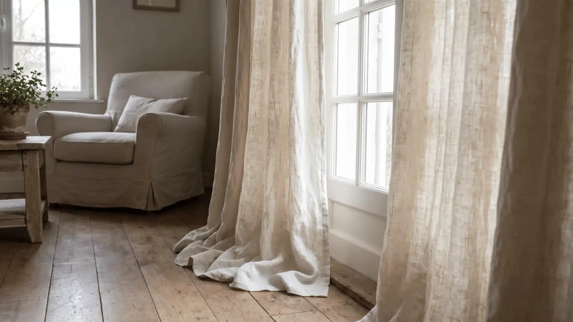 Natural linen curtains pooling on the floor in a living room