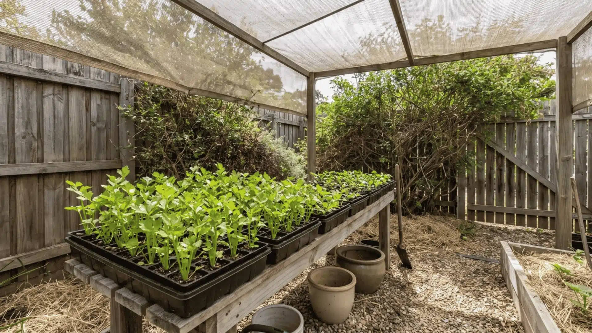Celery seedling trays placed outside in a shaded area