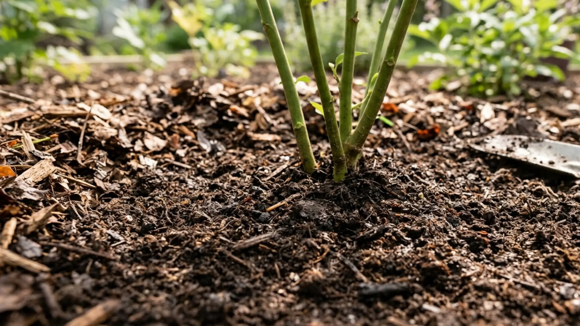 close-up photograph of young plant stems emerging from rich, dark compost soil with wood chip mulch in a garden