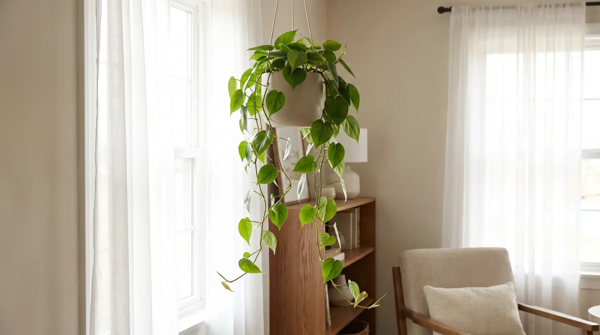 Heartleaf philodendron with trailing vines and heart-shaped leaves in a hanging planter near a window.
