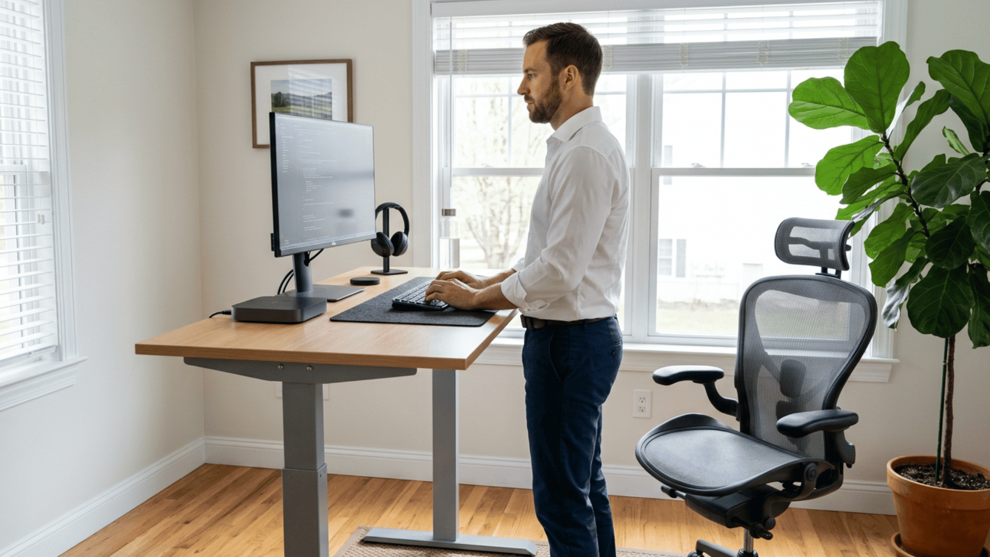 person working at an adjustable standing desk with ergonomic chair in a bright home office workspace