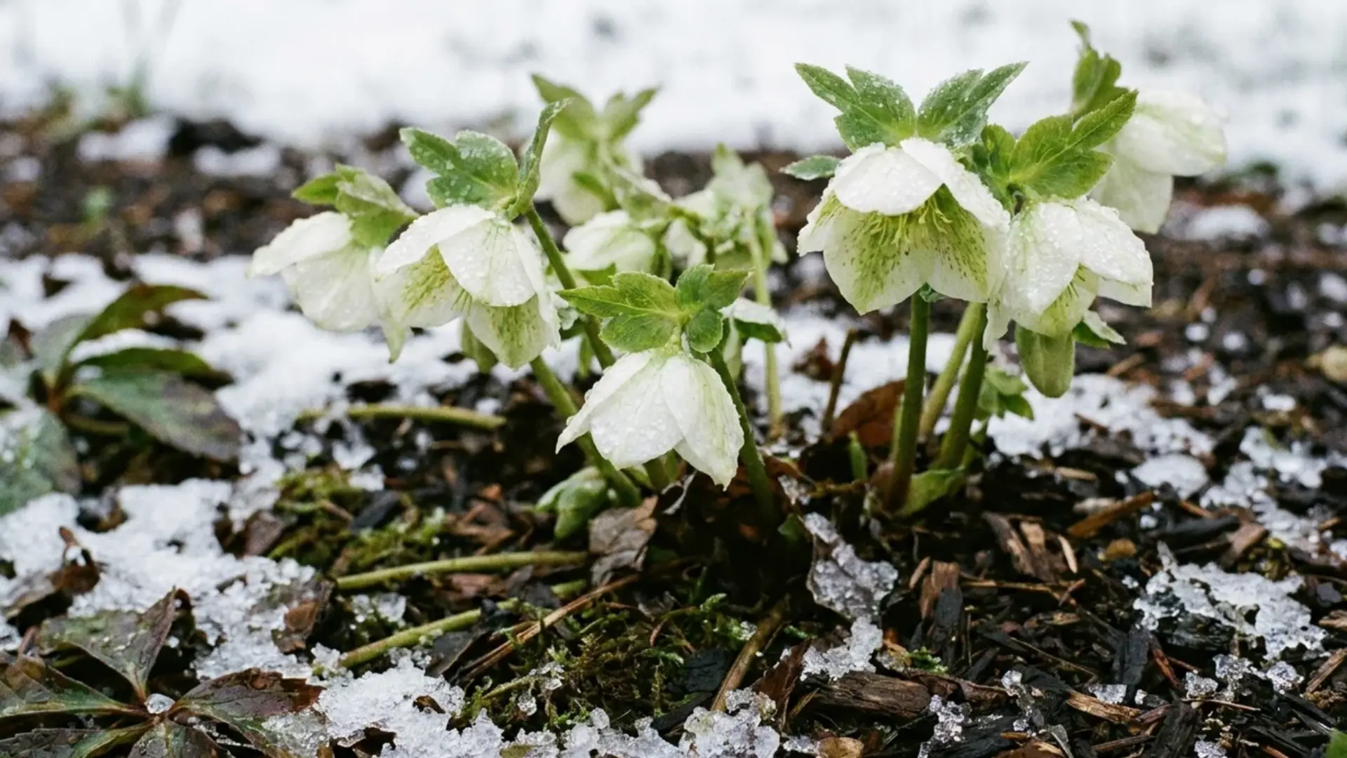 White hellebore flowers with nodding blooms growing near patchy melting snow outdoors