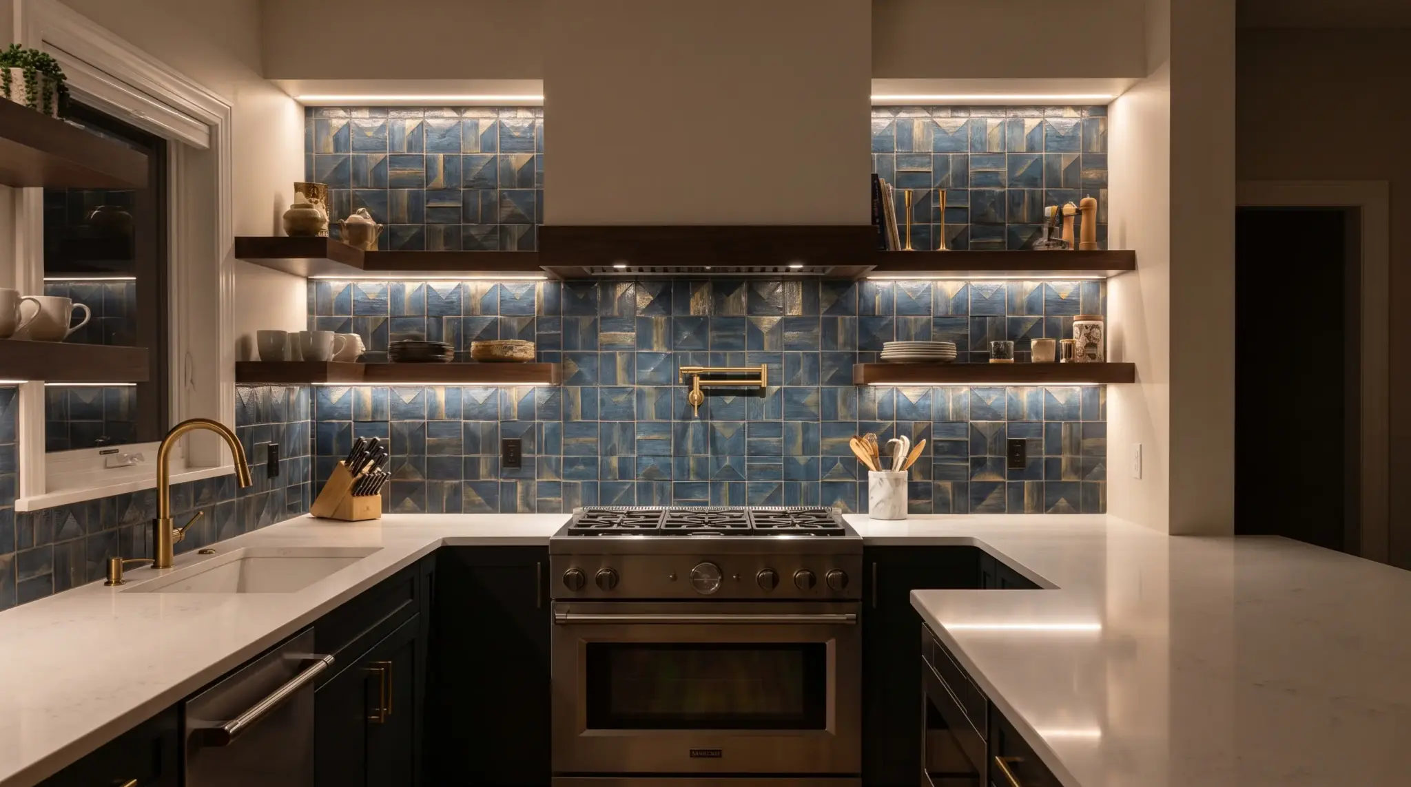 U-shaped kitchen with statement backsplash creating a focal design feature