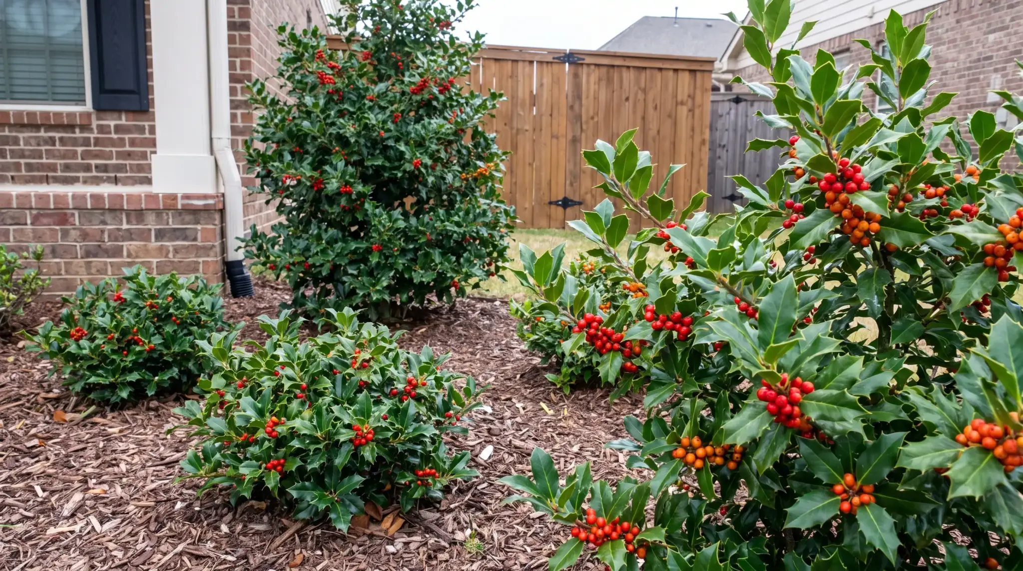 Dense holly shrub with glossy evergreen leaves and colorful berries.