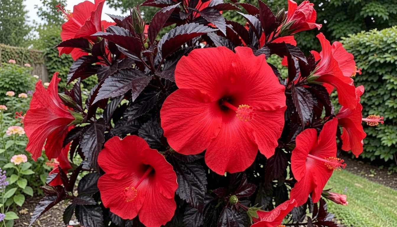Holy Grail hibiscus with red flowers and near-black foliage