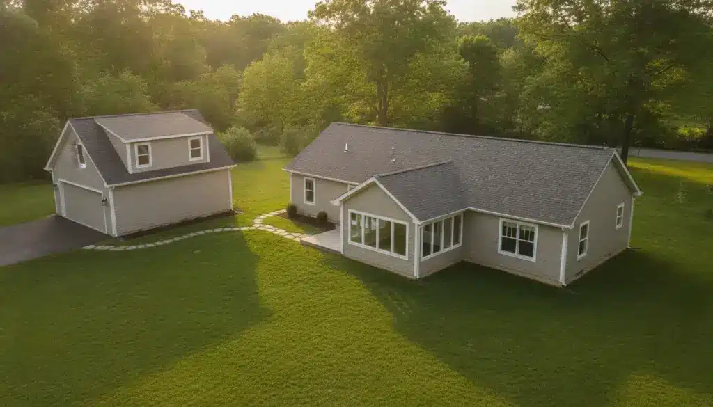 Home Addition vs Detached Structures: Smart Ways to Expand Your Living and Storage Space Two beige houses with gabled roofs on green lawn surrounded by trees in sunlight