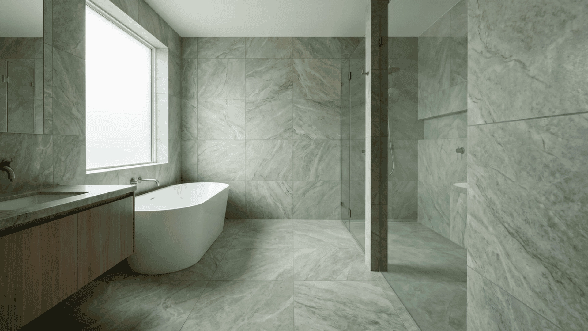 Bathroom with honed sage marble tile on walls and floor