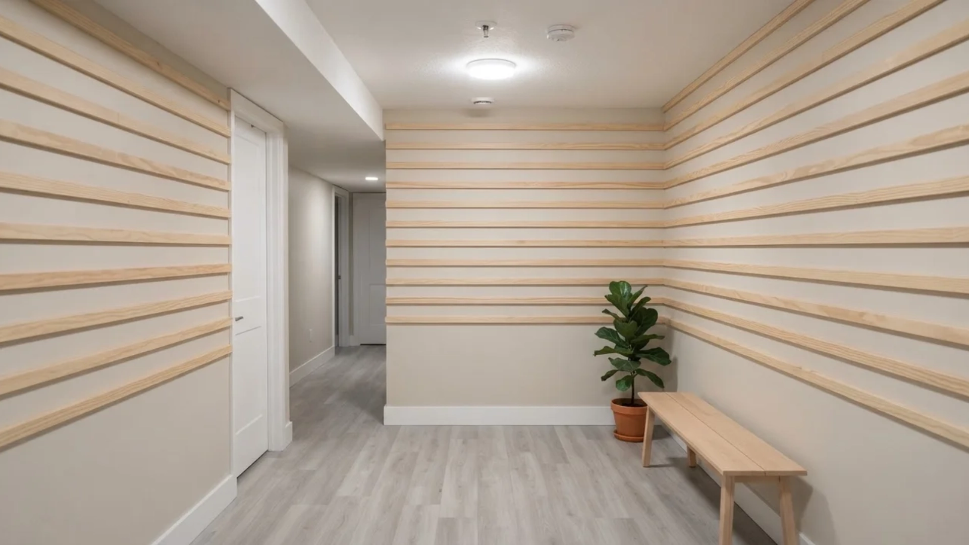 horizontal board and batten layout on a low ceiling wall