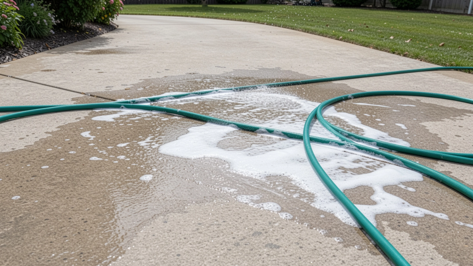 Green garden hose rinsing soapy water and white suds off a concrete driveway surface