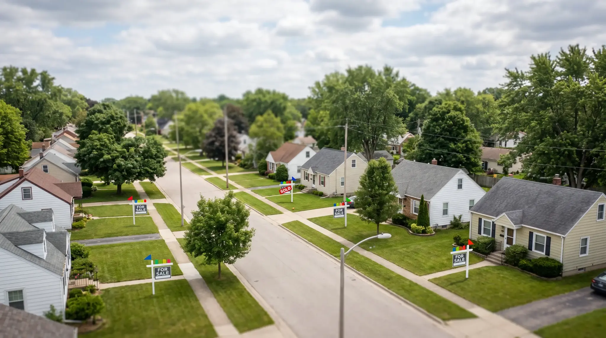Suburban homes representing modest price growth, improving sales, and steady housing inventory in 2026