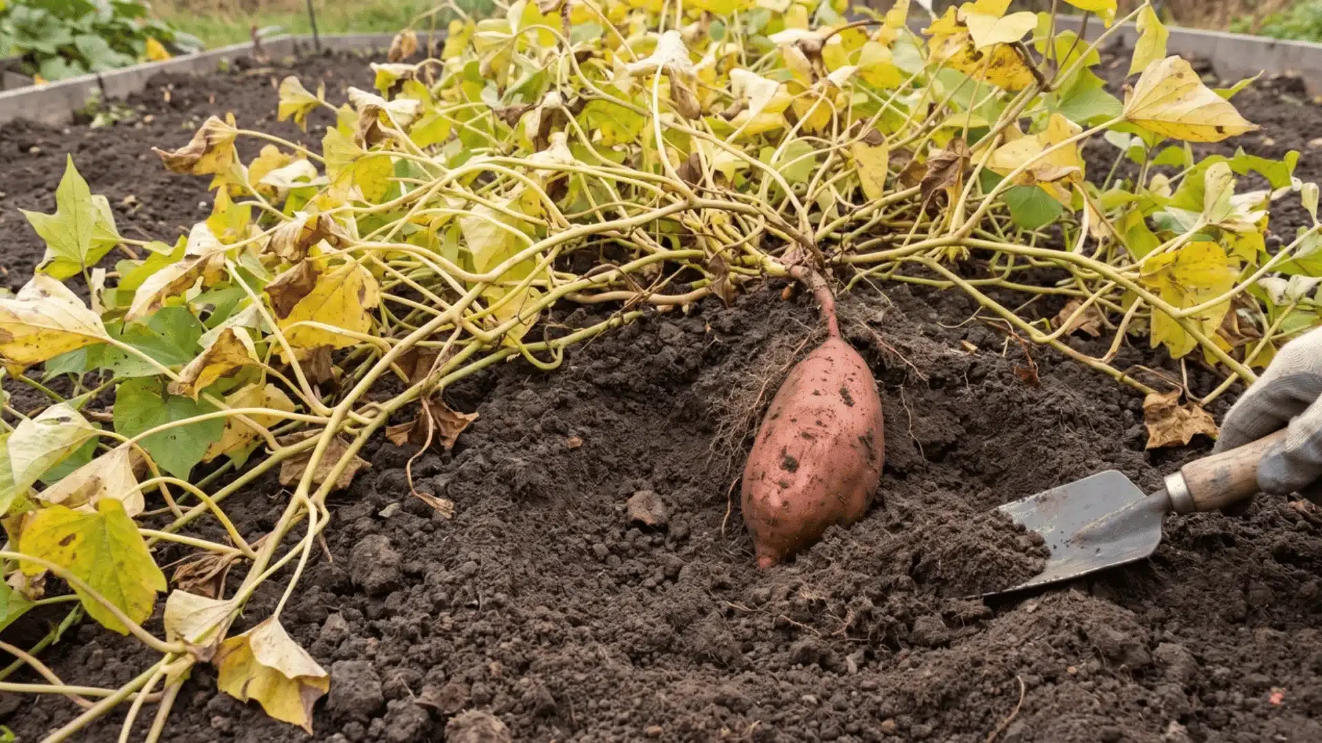 Sweet potato plant with yellowing vines and a tuber exposed in soil for harvest checking