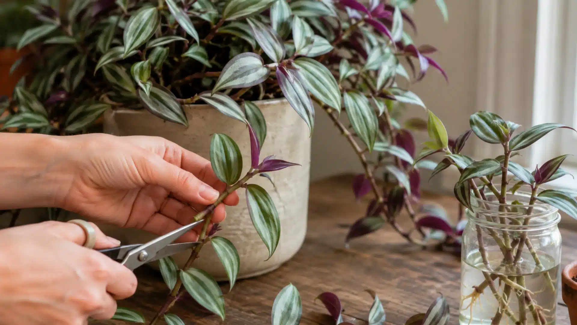 Hands pruning a wandering jew plant with fresh cuttings rooting in a glass jar indoors