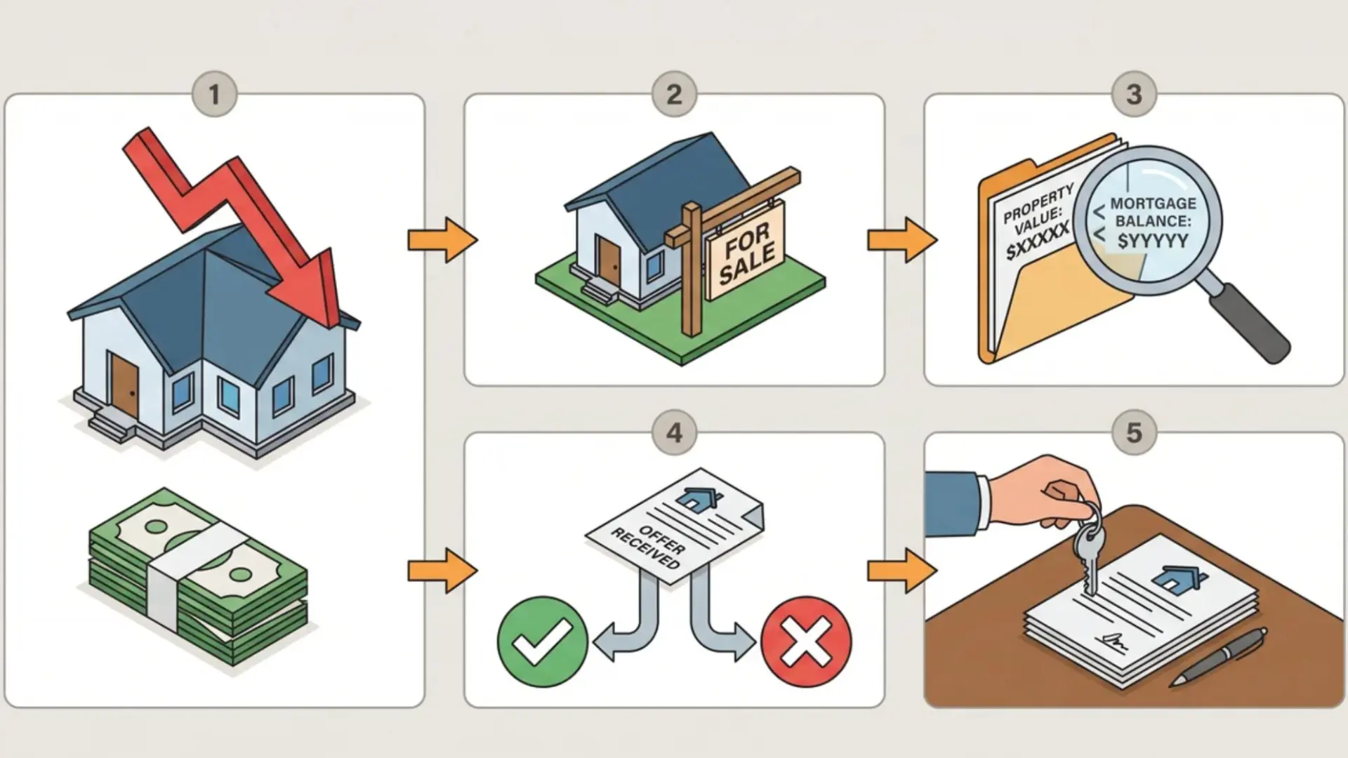 Five-step infographic showing the short sale process from hardship to closing