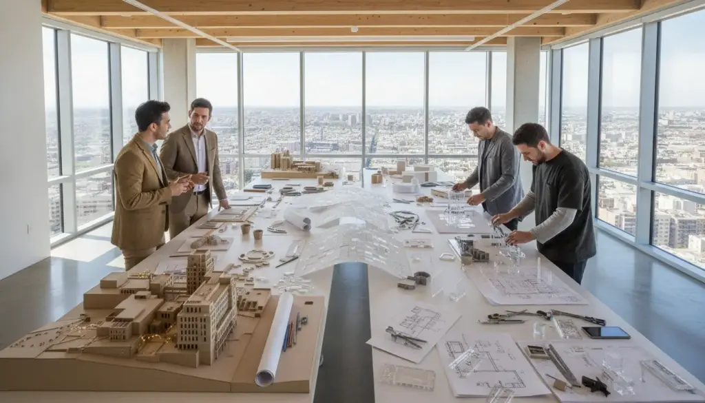 Architects collaborating over building models and blueprints in a bright office with city view