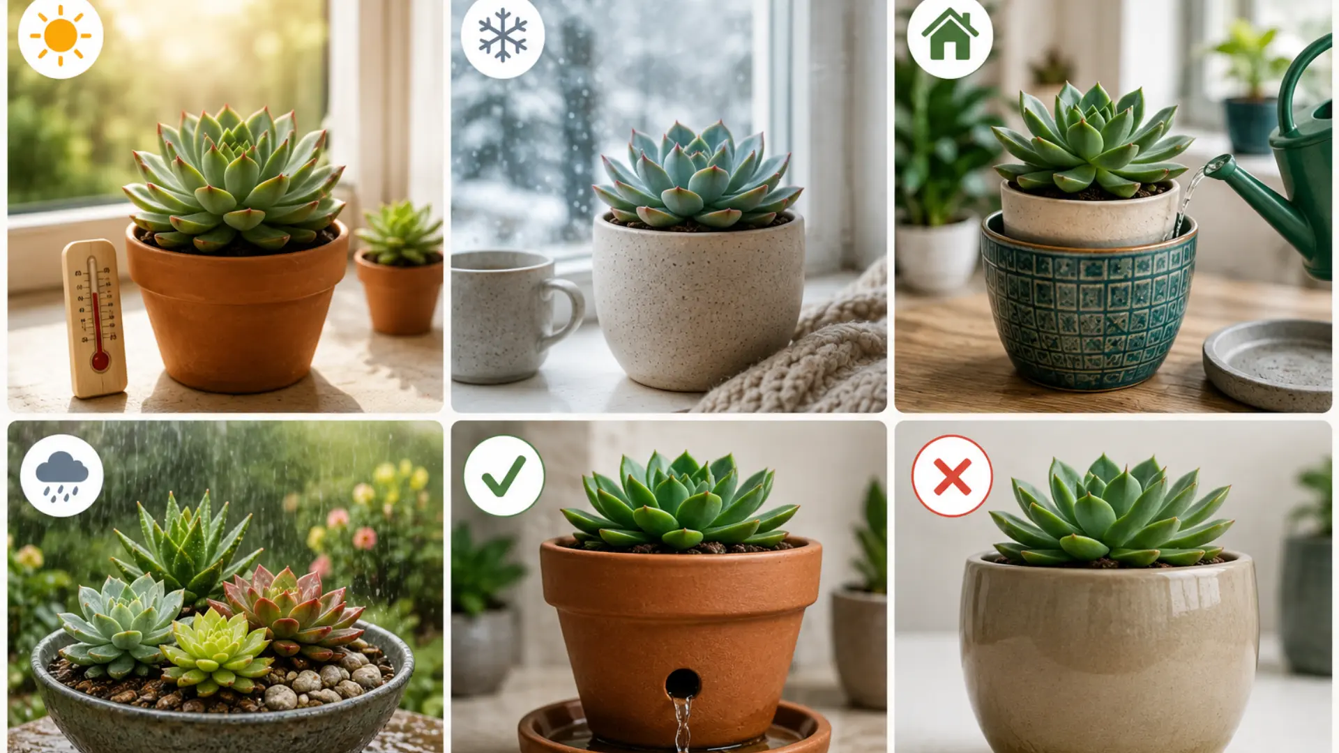 Six-panel succulent collage showing summer, winter, indoor, outdoor, draining, and non-draining pot conditions affecting watering needs and soil moisture levels