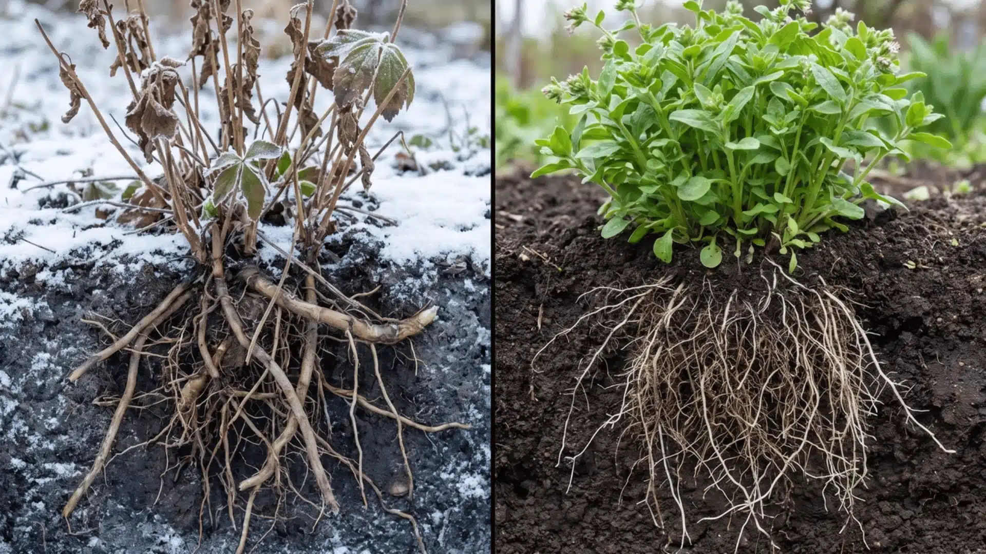 Cutaway view of perennial plant roots surviving beneath soil with seasonal growth above ground