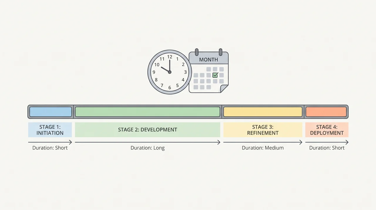 Timeline diagram showing four stages of a short sale with a calendar and clock