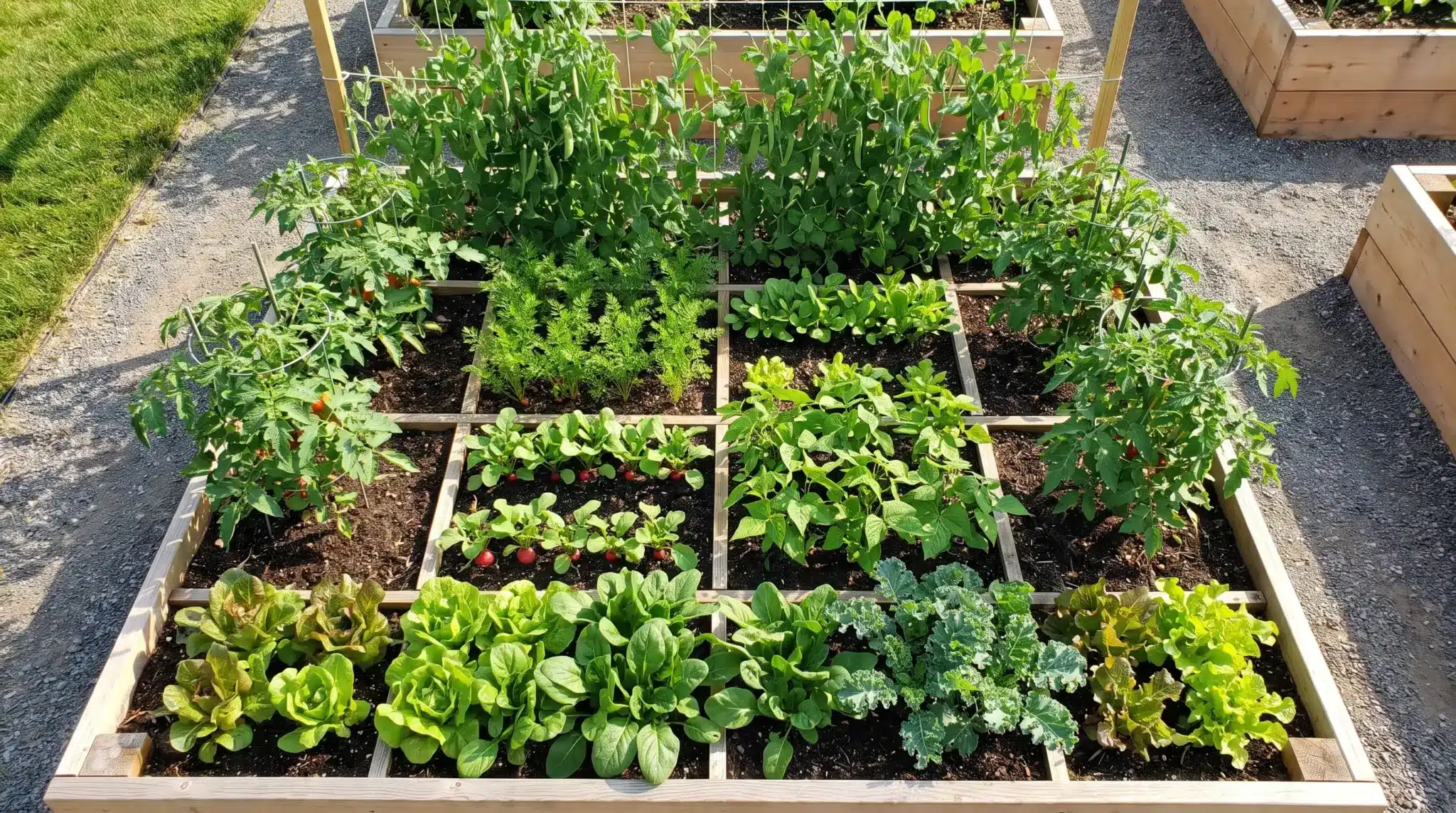 A planned 4×4 garden with trellised crops, tomatoes, herbs, and leafy greens arranged by height.