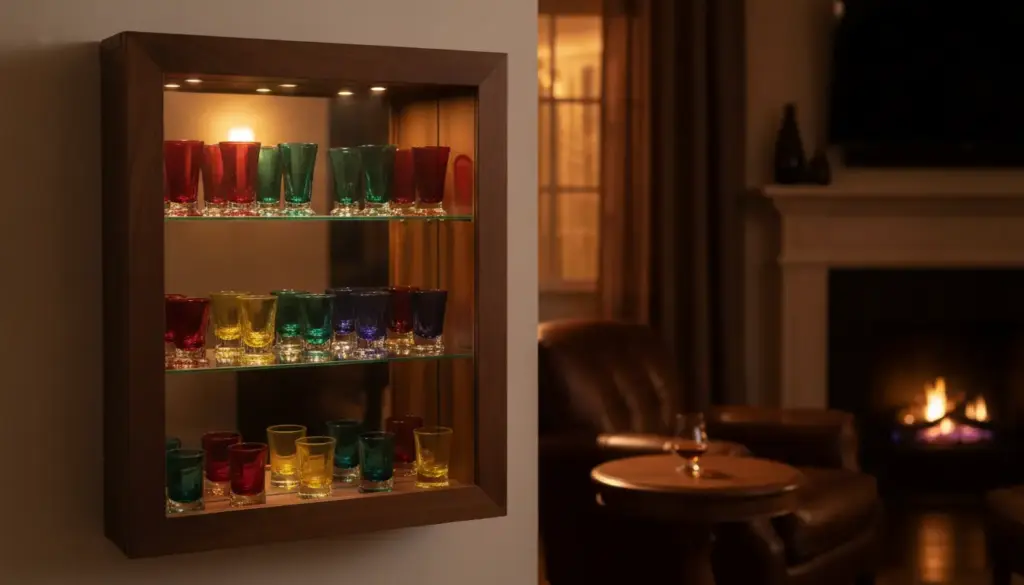 How to Choose the Best Display for a Shot Glass Collection Colorful glassware displayed in wooden wall cabinet in cozy living room with fireplace