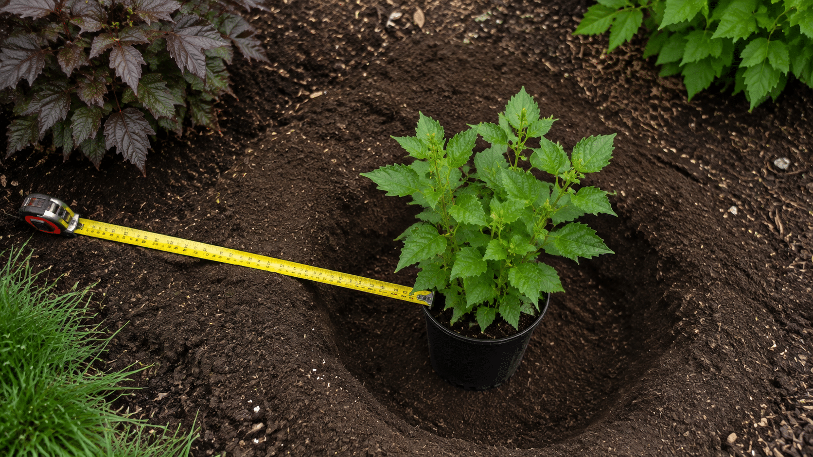 Young hardy hibiscus plant positioned in garden soil with a measuring tape nearby
