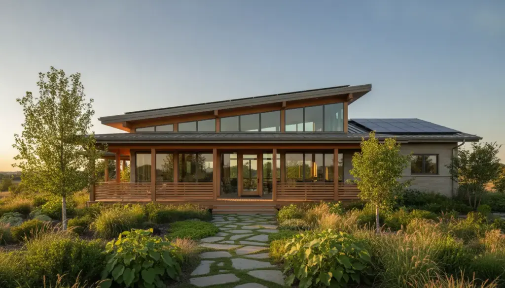 Modern eco-friendly house with solar panels and garden at sunset in rural setting