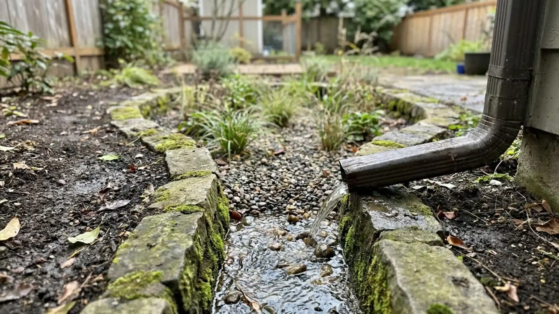 Gravel-lined channel directing water from a downspout into a sunken garden basin