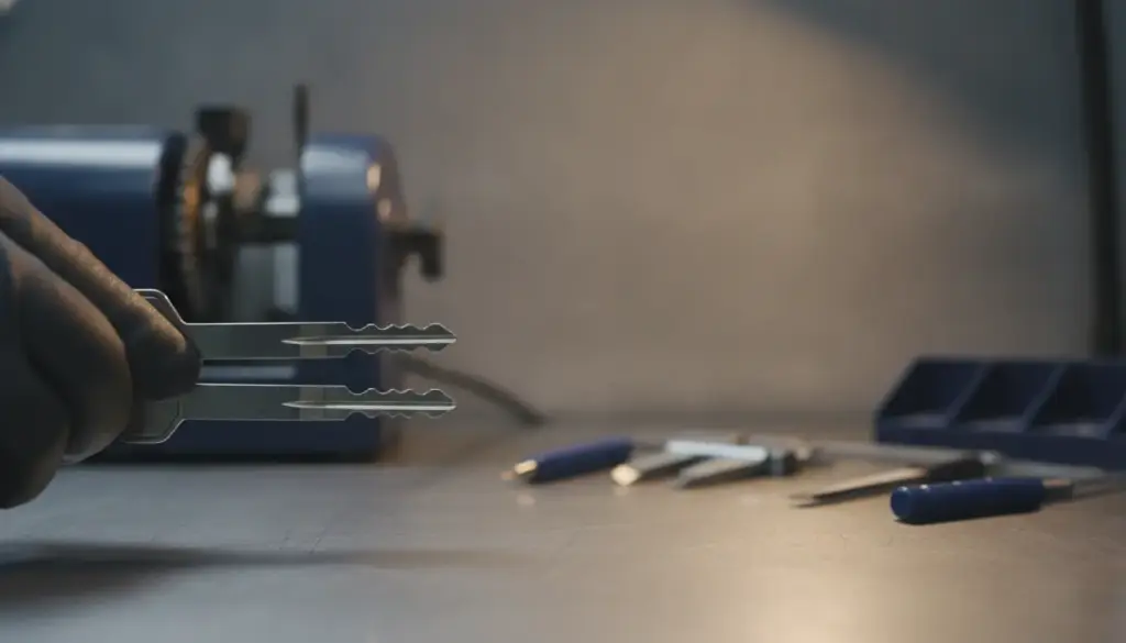 How to Get a Duplicate Car Key Made Before You Lose the Original Locksmith tools and key blanks on a metal workbench in a dimly lit workshop