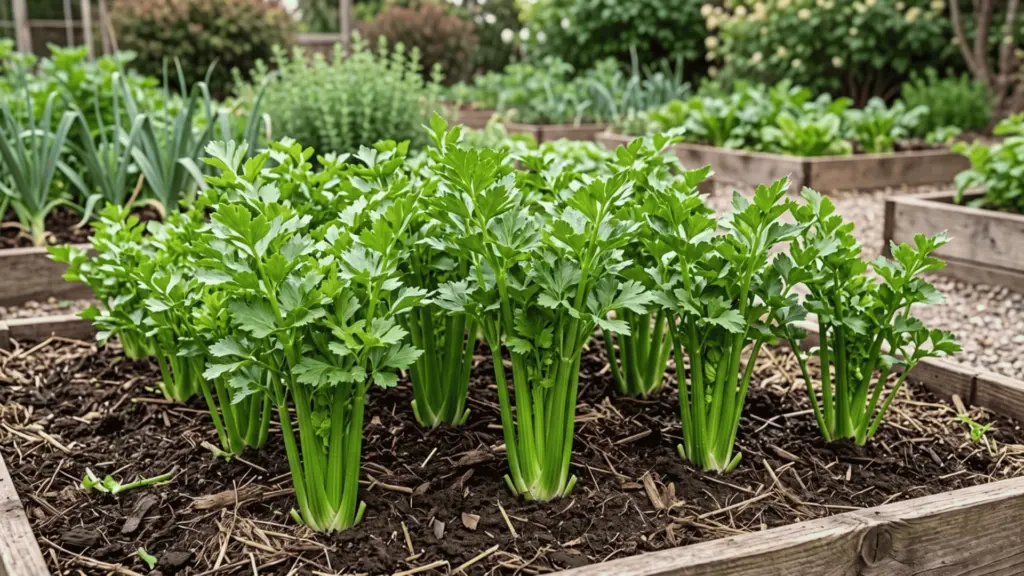 How to Grow Celery at Home: Beginner Guide Celery plants growing in a garden bed with green stalks and leaves