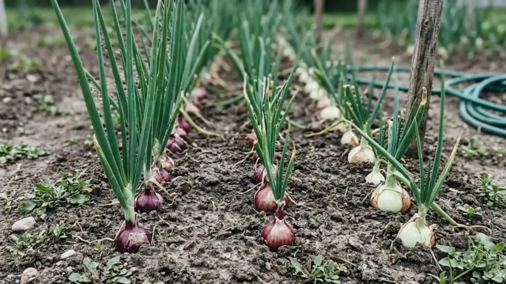 Rows of onion plants at mixed growth stages in a backyard garden bed