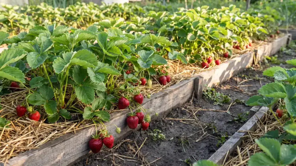 How to Grow Strawberries at Home: Complete Beginner’s Guide Backyard strawberry garden with ripe strawberries growing among green plants and straw mulch in a home garden setting.