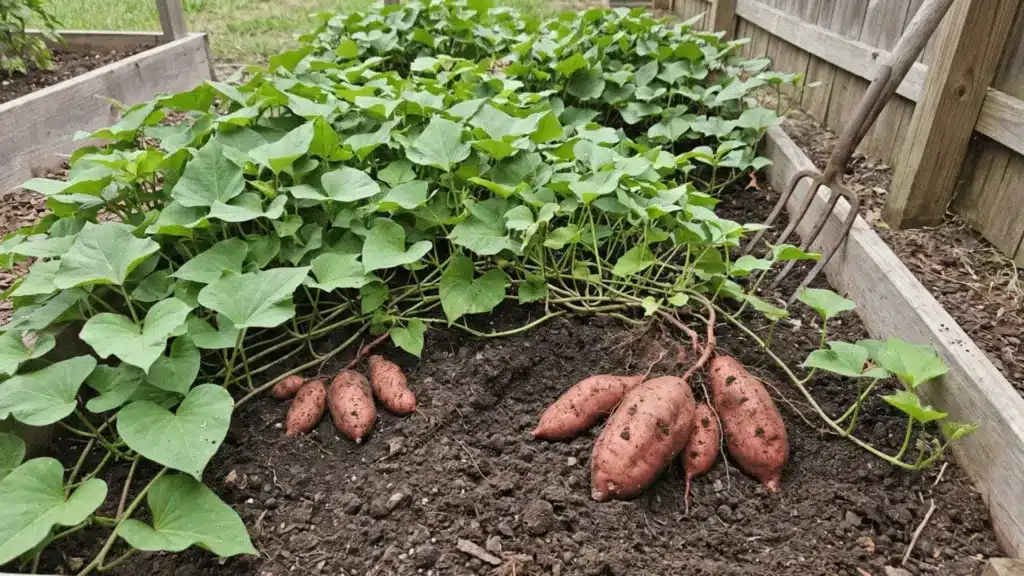 Sweet potato plants with spreading vines and mature tubers growing in a garden bed