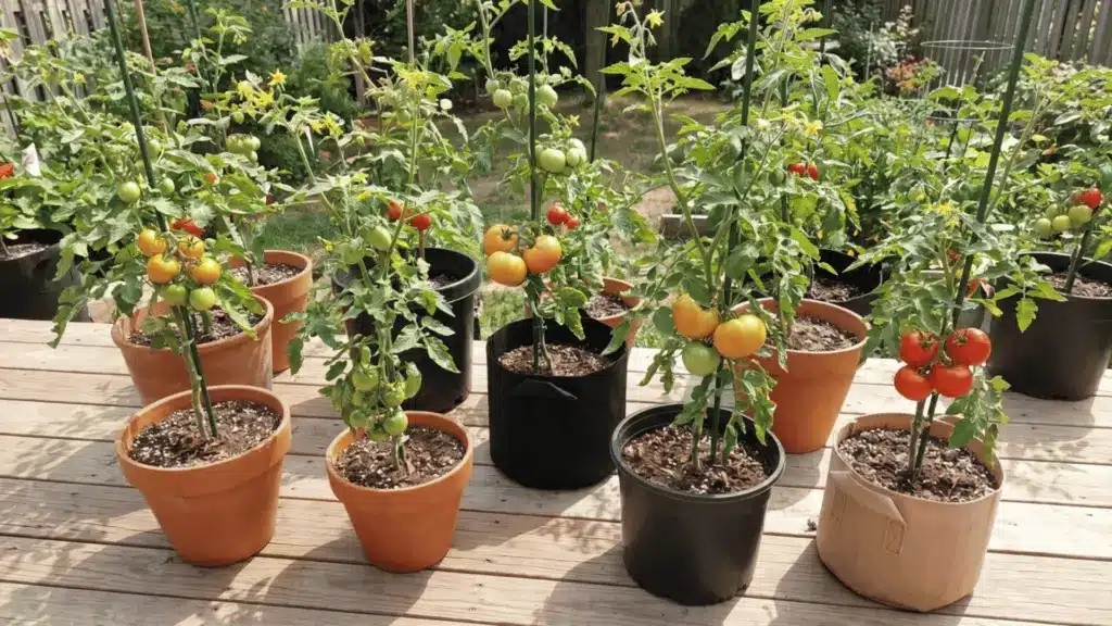 Tomato plants with green leaves, flowers, and ripening tomatoes growing in individual outdoor pots