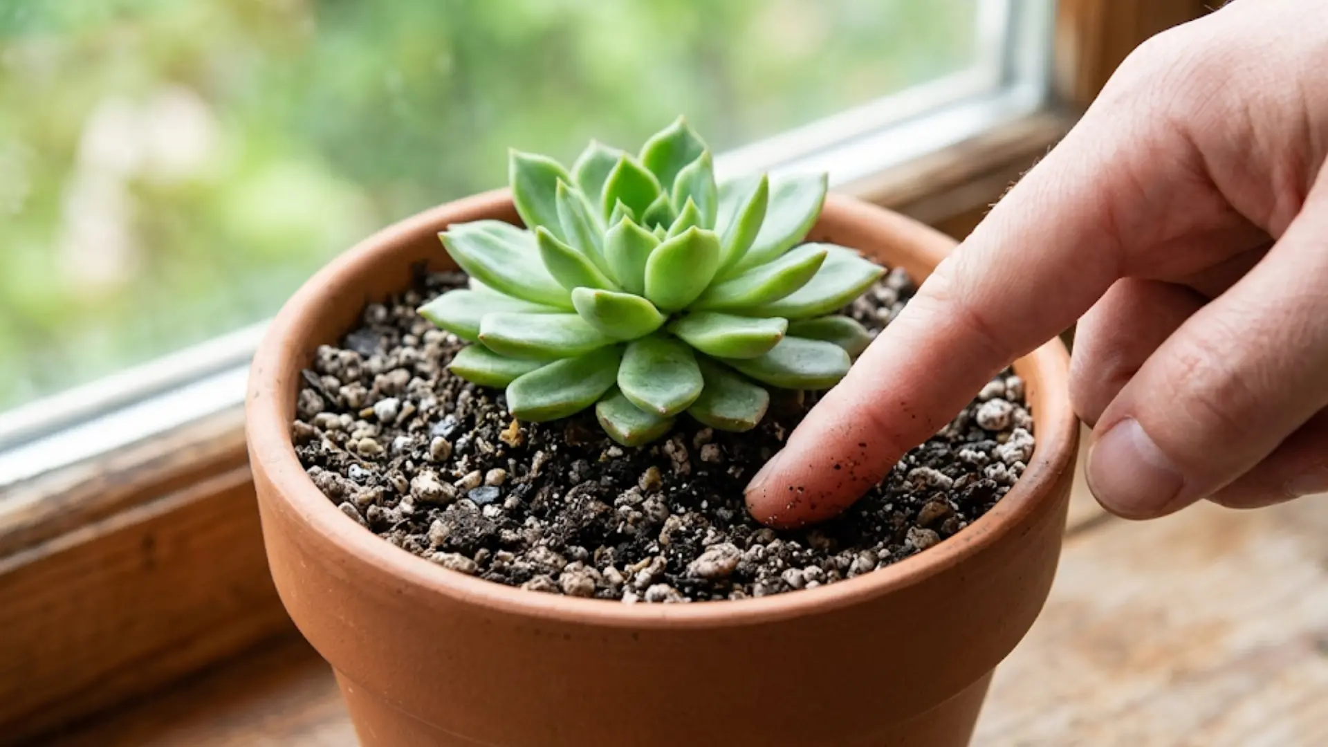 Close-up of a hand testing the soil moisture of a potted green succulent using the finger method