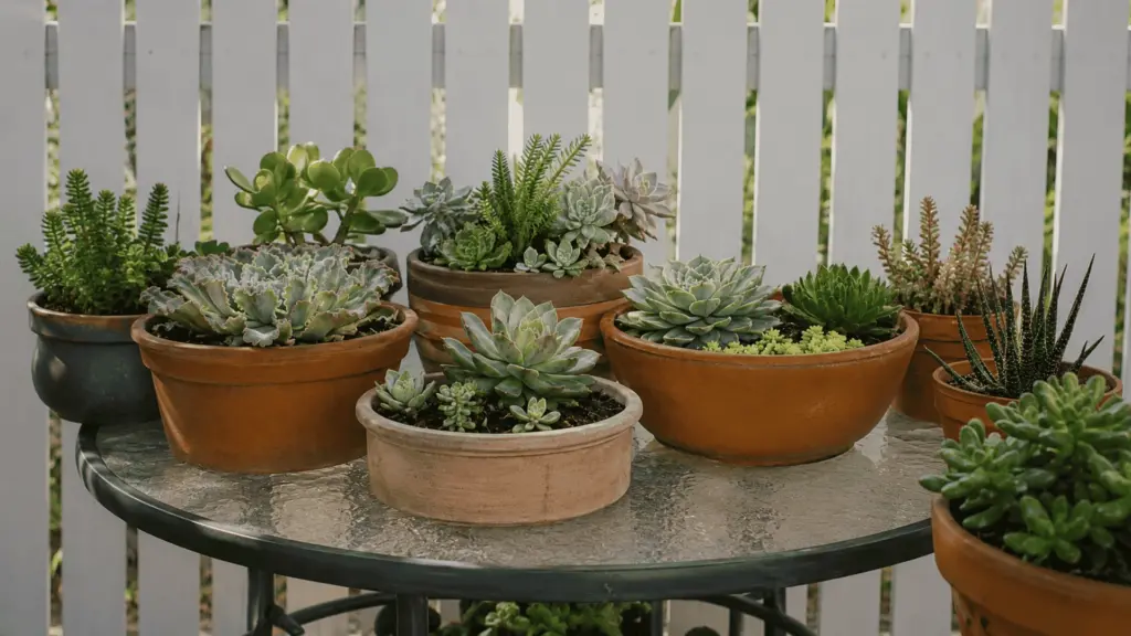 How to Plant Succulents for Beginners Several succulents planted in terracotta and shallow pots arranged on an outdoor glass table