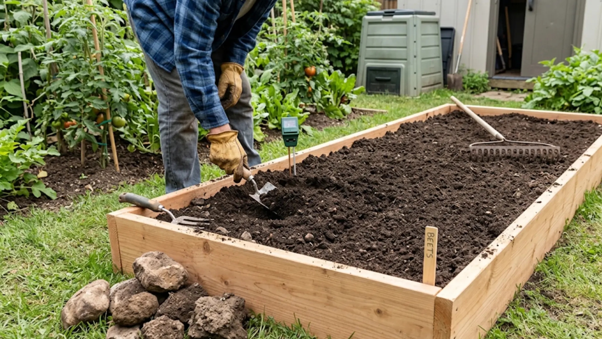 gardener prepares dark, loose soil in a wooden raised bed, clearing large stones and leveling the ground