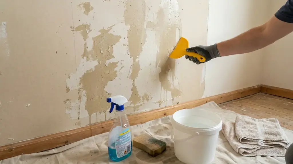 DIY wallpaper glue removal setup with scraper, spray bottle, and cleaning supplies beside a wall with adhesive residue