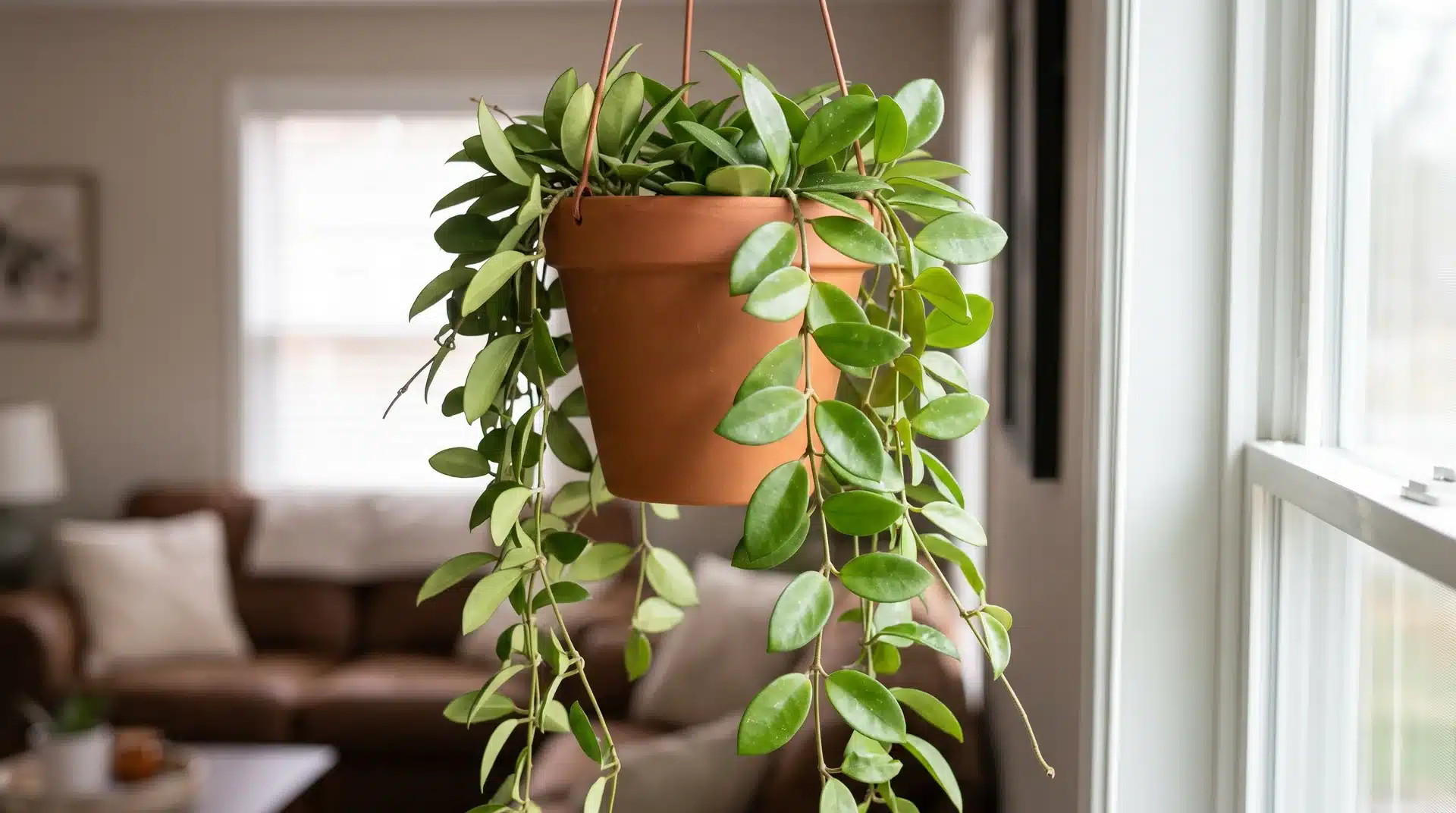 Hoya wax plant with thick leaves and trailing stems growing from a hanging pot.