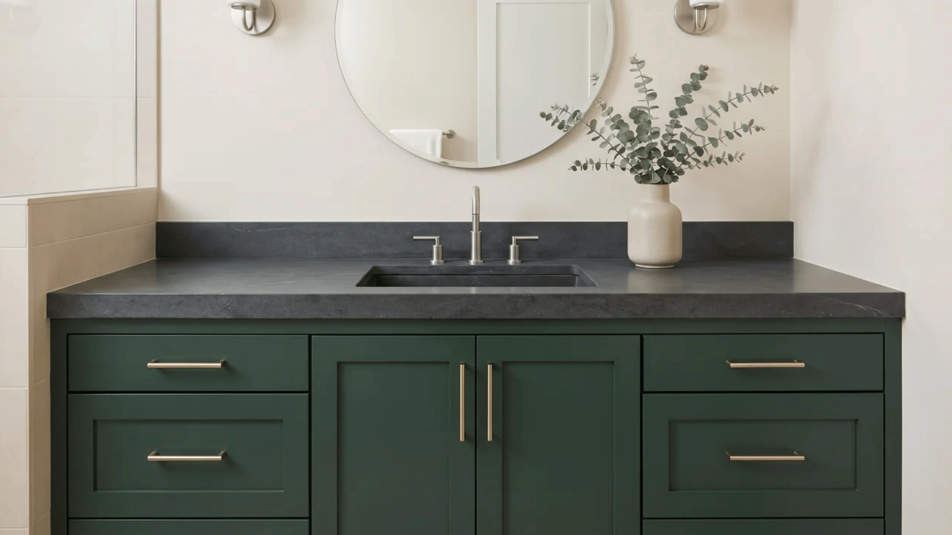 Hunter green vanity with dark stone countertop