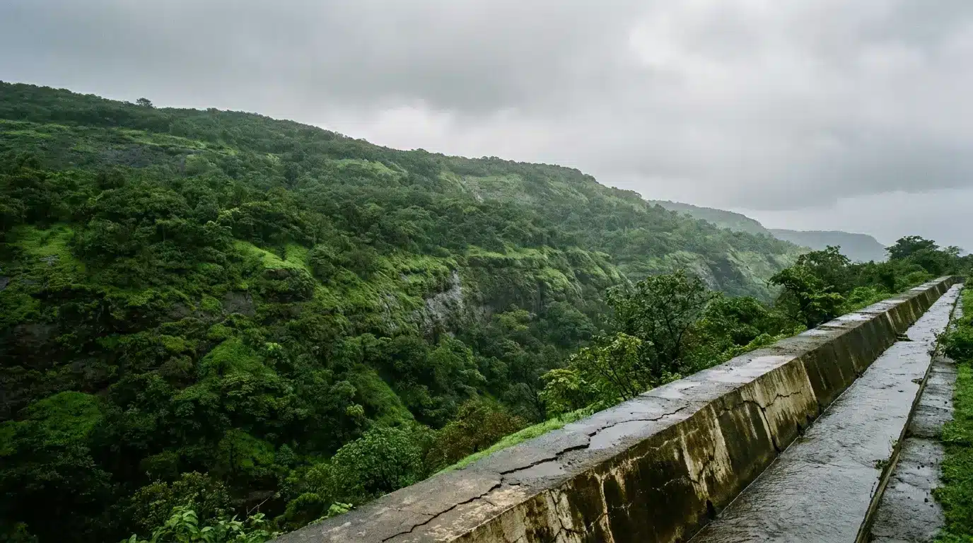 Lush green hills under cloudy sky with stone pathway in the foreground