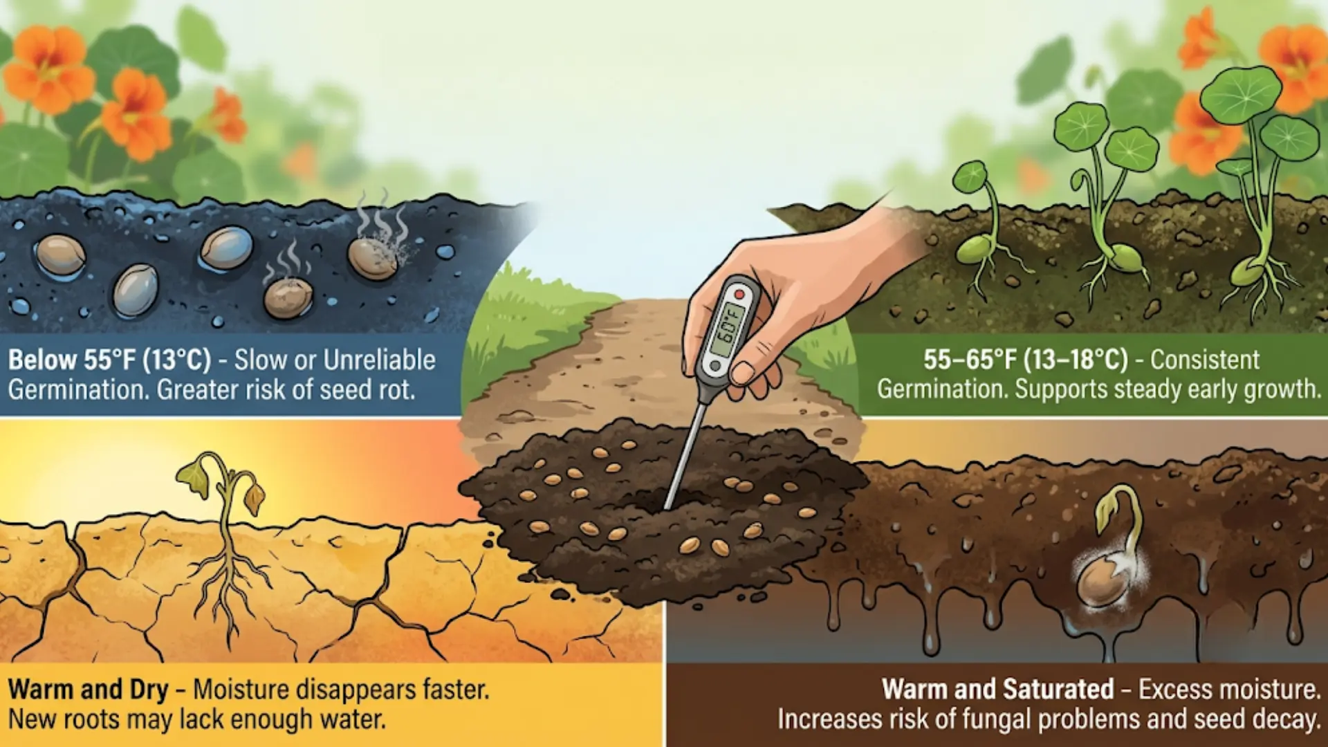 illustration showing how soil temperature affects nasturtium seed germination, using color codes and specific visual examples to represent the optimal and sub-optimal conditions