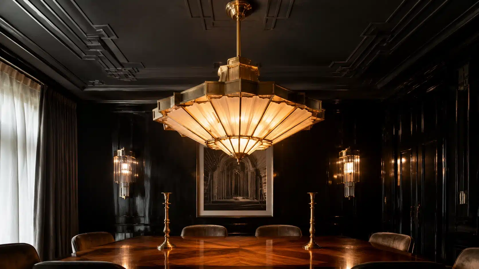 Art Deco dining room with a geometric brass pendant light above a dark wooden table